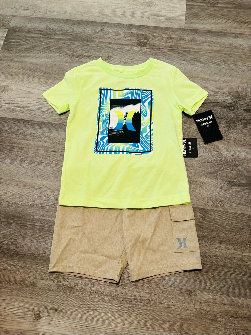 Hurley Neon Yellow Graphic Tee with Tan Shorts